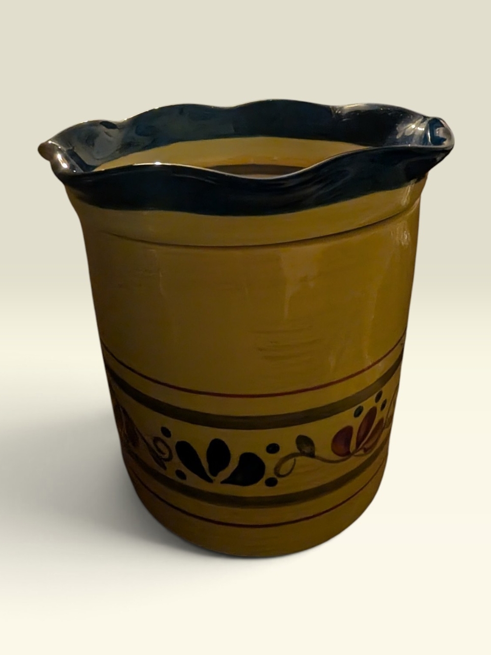 Hand-Painted Mustard Ceramic Utensil Crock with Blue Rim
